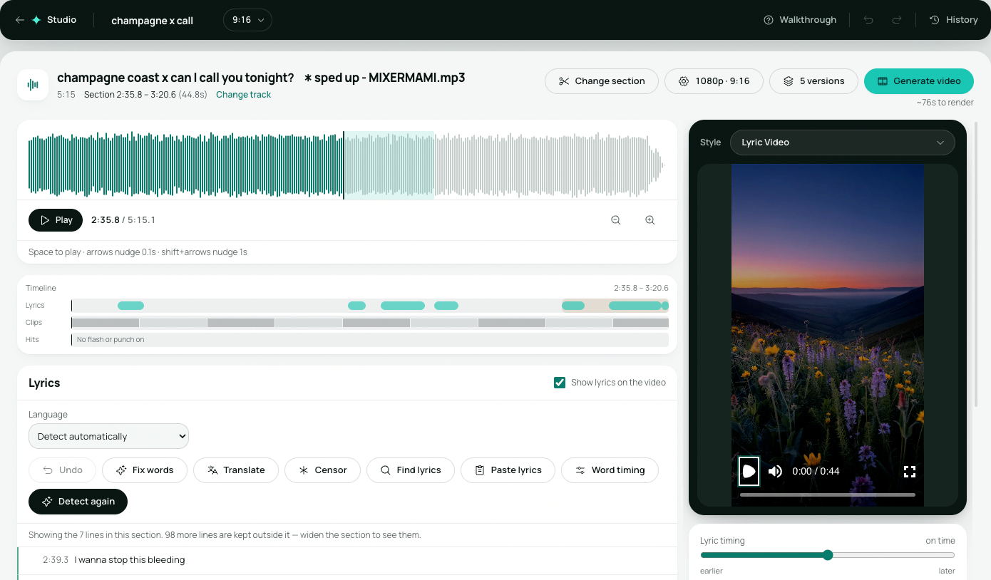 The ANTHM Studio editor with a waveform, lyric timeline and video preview